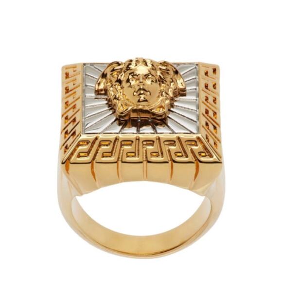 NIB Versace Medusa Head Square Ring 21 US 9.5 Gold Silver Tone Bicolor - Picture 2 of 14